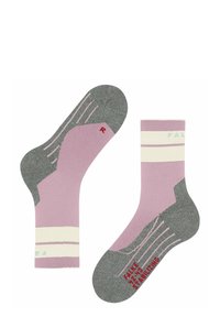 Socken aus Baumwollmischung mit einem hellrosa Körper, grauem Fersen- und Zehenbereich, weißen Streifen und rotem Text; designed für Komfort und Stabilität.