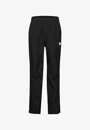 Zwarte buitenbroek met elastische taille en klein wit mammoetlogo op de bovenkant van de dij, rechte pijp met ritsen bij de enkels.