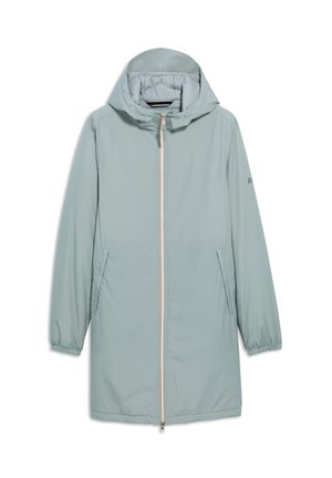 Veste bleu clair à manches longues avec capuche. Elle dispose d'une fermeture éclair sur toute la longueur, de poignets élastiques et de deux poches latérales. Matériau lisse et résistant à l'eau.