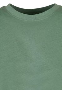 Close-up of a plain, soft green crew neck T-shirt showing fabric texture and double-stitched collar seam.