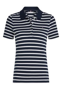 Polo à manches courtes à rayures horizontales bleu marine et blanc, avec un col foncé et un petit logo sur la poitrine.