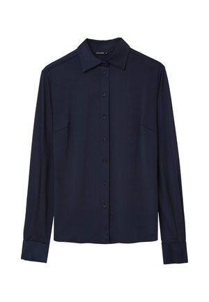 Marineblaue Bluse mit langen Ärmeln und spitzem Kragen, vorderem Knopfverschluss und Brusttaschen. Glattes Material mit matter Oberfläche.