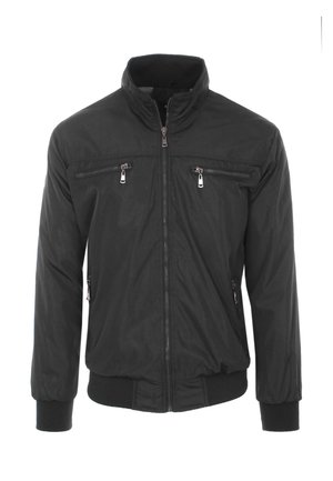 Giubbotto bomber nero con colletto rialzato, chiusura con zip frontale e quattro tasche con zip. Realizzato in tessuto leggero e liscio.