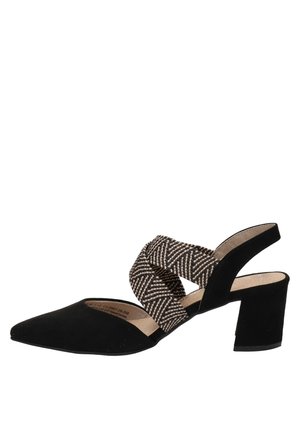 Sort mokkasinsko med åben hæl, spids snude og kraftig hæl. Har krydsede vævede remme i sort og beige design.