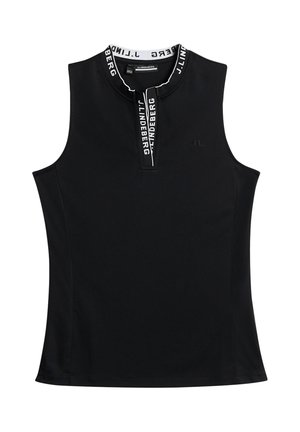 Top senza maniche nero con colletto alto e zip anteriore. Presenta una fascia bianca con logo sul colletto e un logo discreto sul petto.