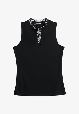 Czarny top bez rękawów z wysokim kołnierzem i zamkiem z przodu. Posiada białą markową taśmę na kołnierzu oraz subtelne logo na klatce piersiowej.