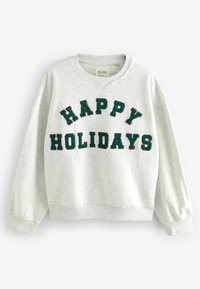 Grå sweatshirt med "GLAD HELG" i mörkgröna och röda broderade bokstäver. Har rund halsringning och ribbade muddarna. Mjuk tygtextur.