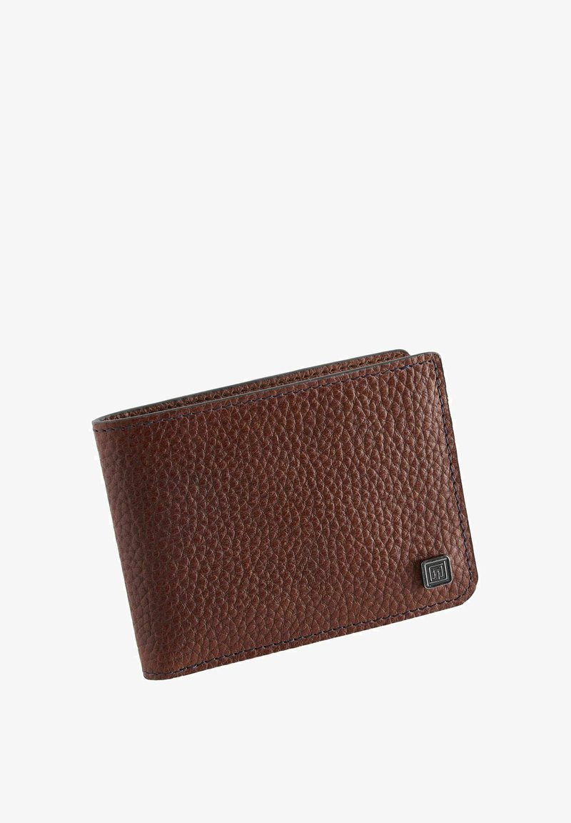 Brown leather wallet with pebbled texture, bi-fold design, contrasting stitching, and a small metallic logo accent in one corner.