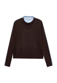 Dark brown long-sleeve crewneck sweater with ribbed cuffs and hem, displayed on a white background.