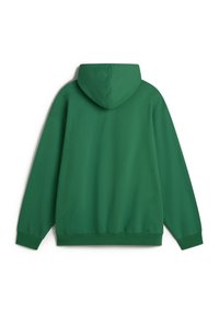 Sudadera verde con capucha, mangas largas, puños y dobladillo acanalados, hecha de un material suave con una textura lisa. Diseño liso, sin patrones.