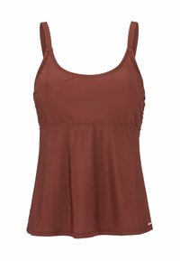 Brun tanktop lavet af glat stof, med tynde stropper og en samlet talje for en afslappet pasform. Ingen yderligere mønstre eller accenter.