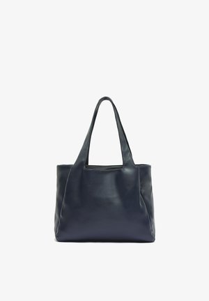 Sac fourre-tout en cuir bleu marine avec deux longues poignées, forme rectangulaire, texture lisse et design minimaliste, sans ornements.