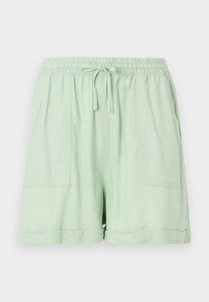 Pantalones cortos de mezcla de lino en verde claro, con una cintura elástica, cierre de cordón y dos bolsillos frontales; presenta un detalle de dobladillo enrollado.