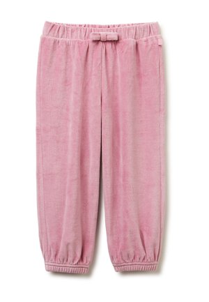 Rosa Plüschhose für Kleinkinder mit elastischem Bund und Bündchen, versehen mit einer kleinen Stoffschleife in der vorderen Mitte.