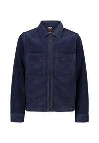 Tummansininen koristeroikkojakku etuvetoketjulla, kahdella rintataskulla ja klassisella kauluksella. Teksturoitu kangas, jossa on poimuttunut kuvio.