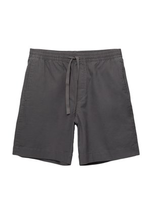 Graue Baumwollshorts mit einem elastischen Taillenbund, verstellbarem Kordelzug, seitlichen Taschen und einem lockeren Schnitt. Glatte Textur und knielanges Design.