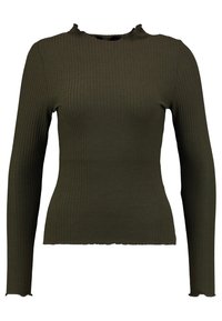 Haut côtelé à manches longues de couleur vert olive avec un col montant et des bords effilochés. Coupe ajustée, fabriqué en mélange de coton doux.