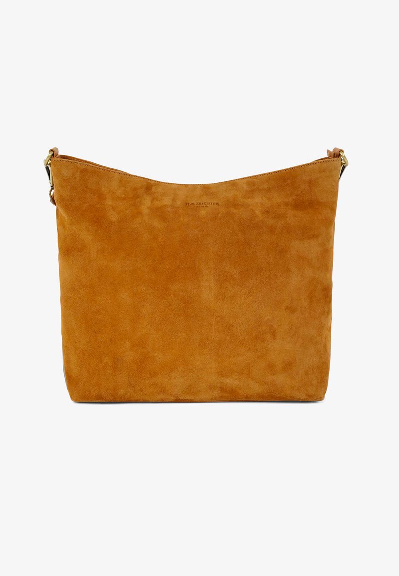 Tan suede shoulder bag with a soft texture, slouchy design, and a simple top opening. Features a subtle embossed logo and brass hardware.
