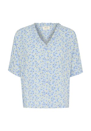 Short-sleeve floral blouse in light blue with yellow and blue flowers. V-neck design with button closure and gathered neckline detail.