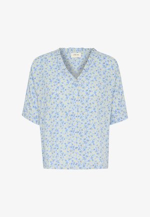 Korta ärmar blommig blus i ljusblått med gula och blå blommor. V-ringad design med knappstängning och rynkad halsringningsdetalj.