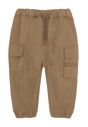 Pantaloni cargo color sabbia con cintura elastica e cordoncino, dotati di due tasche laterali e una tasca con zip sulla gamba destra.