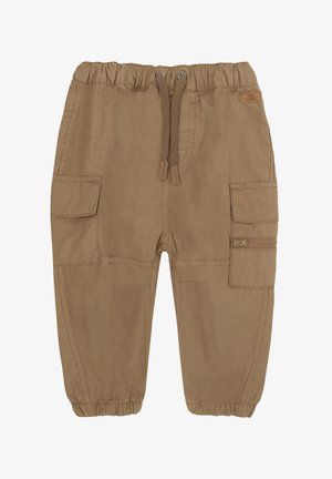Pantaloni cargo color sabbia con cintura elastica e cordoncino, dotati di due tasche laterali e una tasca con zip sulla gamba destra.