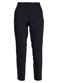 Námořnické kalhoty s úzkým střihem, které mají oranžové boční pruhy, přední kapsy a středně vysoký pas, vyrobené z hladkého, elastického materiálu.