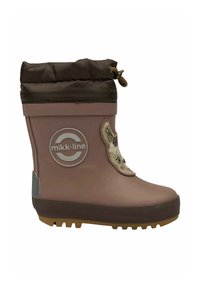 Botte imperméable marron avec un haut doux et ajustable. Présente un motif animal décoratif sur le côté et une semelle texturée pour une meilleure adhérence.