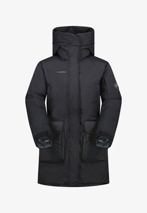 Schwarzer isolierter Parka mit hohem Kragen, gestepptem Design, zwei Vorderaschen und verstellbaren Manschetten mit Klettverschlüssen.