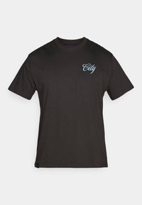 Čierne bavlnené tričko s krátkym rukávom so svetlomodrou grafikou "Mesto" na ľavej hrudi. Jednoduchý dizajn s okrúhlym výstrihom a voľným strihom.