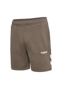 Bruna bomullsshorts med elastisk midjeband, med vita loggor och randdetaljer på sidan, slät textur och avslappnad design.