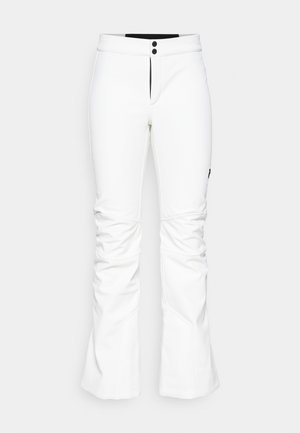 White ski pants with a fitted design, featuring a two-button closure, front zip, and flared hem. Made of textured, durable fabric.