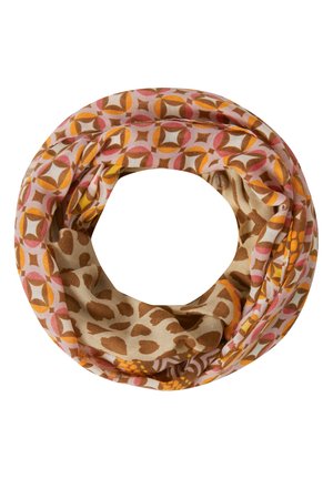 Foulard circulaire léger avec motifs mêlant géométrie et imprimés animaliers dans des tons orange, marron, rose et beige.