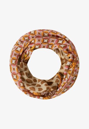 Foulard circulaire léger avec motifs mêlant géométrie et imprimés animaliers dans des tons orange, marron, rose et beige.