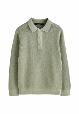 Lys grøn strikket langærmet polo sweater med krave og placket med tre knapper. Har et tekstureret stof samt ribbede mansjetter og kant.