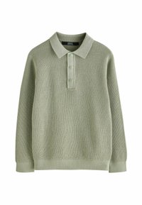Pulover polo tricotat, de culoare verde deschis, cu mânecă lungă, guler și deschidere cu trei nasturi. Dispune de un material texturat și manșete și tiv din jersey.