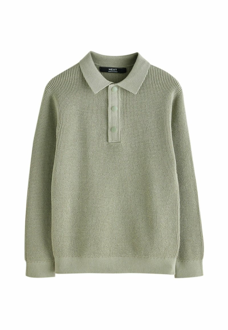 Pulover polo tricotat, de culoare verde deschis, cu mânecă lungă, guler și deschidere cu trei nasturi. Dispune de un material texturat și manșete și tiv din jersey.