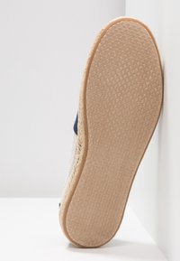 Semelle d'une espadrille beige avec une semelle en caoutchouc texturée, appuyée contre un mur blanc sur une surface blanche.