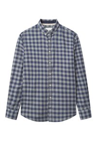 Camicia a maniche lunghe a quadri blu e grigi con colletto button-down e orlo arrotondato. Realizzata in tessuto con una texture liscia e una leggera lucentezza.