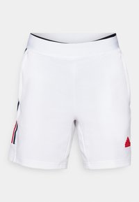 Shorts atletici bianchi con una texture liscia, caratterizzati da bande laterali rosse e blu e un accento del logo rosso in basso a destra. Lunghezza media della coscia.