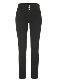 Mustat korkeavyötäröiset farkut, joissa on viisi taskua, kaksi nappia ja vetoketjukiinnitys. Slim fit -malli, sileä pinta ja klassinen muotoilu.