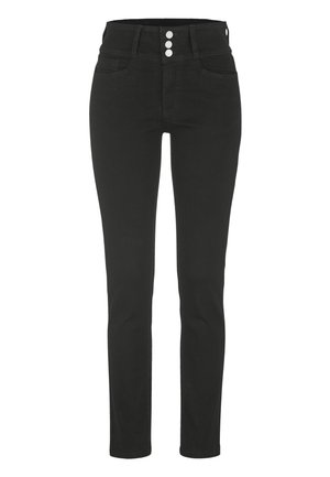 Jeans noirs taille haute en denim avec cinq poches, deux boutons et une fermeture éclair. Coupe slim avec une texture lisse et un design classique.