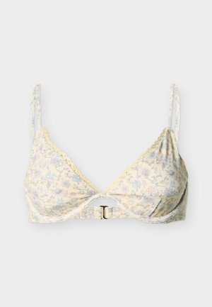 Lyst gult bh med blomsterprint, tynne justerbare stropper og liten frontlås.