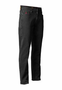 Zwarte denim jeans met een rechte pijpdesign, voorzien van een voorste knoopsluiting, vijf zakken en subtiele rode logodetails aan de voorkant.