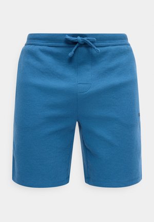 Pantaloni scurți din țesătură albastră texturată, cu talie elastică și șnur de ajustare, lungime până la genunchi, cu design frontal neted.