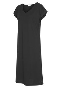 Zwarte, kortge mouwen jurk in een losse pasvorm met een V-halslijn. Gemaakt van zachte stof met een gladde textuur en een zoom die net boven de knie eindigt.