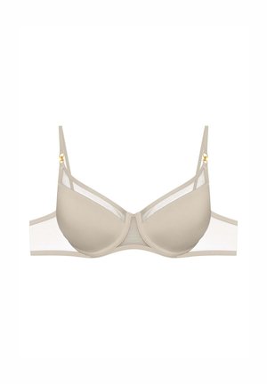 Beige Bh mit vorgeformten Cups, transparenten Netzseitenpaneelen und verstellbaren Trägern. Verfügt über goldene Akzentbeschläge an den Trägern.