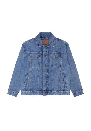 Blaue Jeansjacke mit klassischem Design, ausgestattet mit Knopfverschluss, zwei Brusttaschen und seitlichen Schlitztaschen, abgerundet durch kontrastierende Nähte.