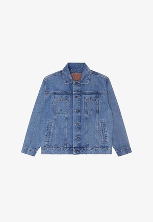 Blaue Jeansjacke mit klassischem Design, ausgestattet mit Knopfverschluss, zwei Brusttaschen und seitlichen Schlitztaschen, abgerundet durch kontrastierende Nähte.