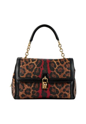 Brun og sort leopardprint håndtaske med røde striber, sort læderkant, gyldent kædehåndtag og guldfarvet forreste lås.